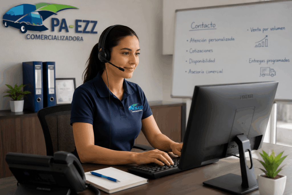 Customer service agent with headset at a desk, PA-EZZ Comercializadora logo on the wall in the background.